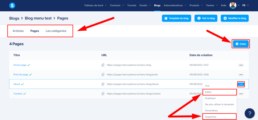 Vous pouvez créer, modifier ou supprimer les "Articles, Pages et Catégories" en cliquant sur "+ Créer" sur chaque onglet, en cliquant sur "Éditer" ou en cliquant sur "Supprimer" comme décrit sur l'image ci-dessous :
